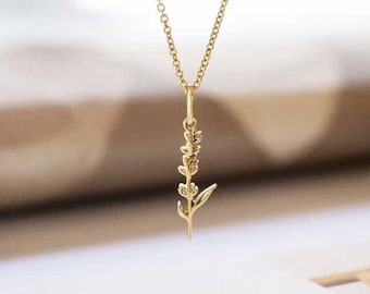 14K Solid Gold Mini Lavender Charm Flower Necklace, Floral Necklace, Dainty Botanical Solid Gold Charm