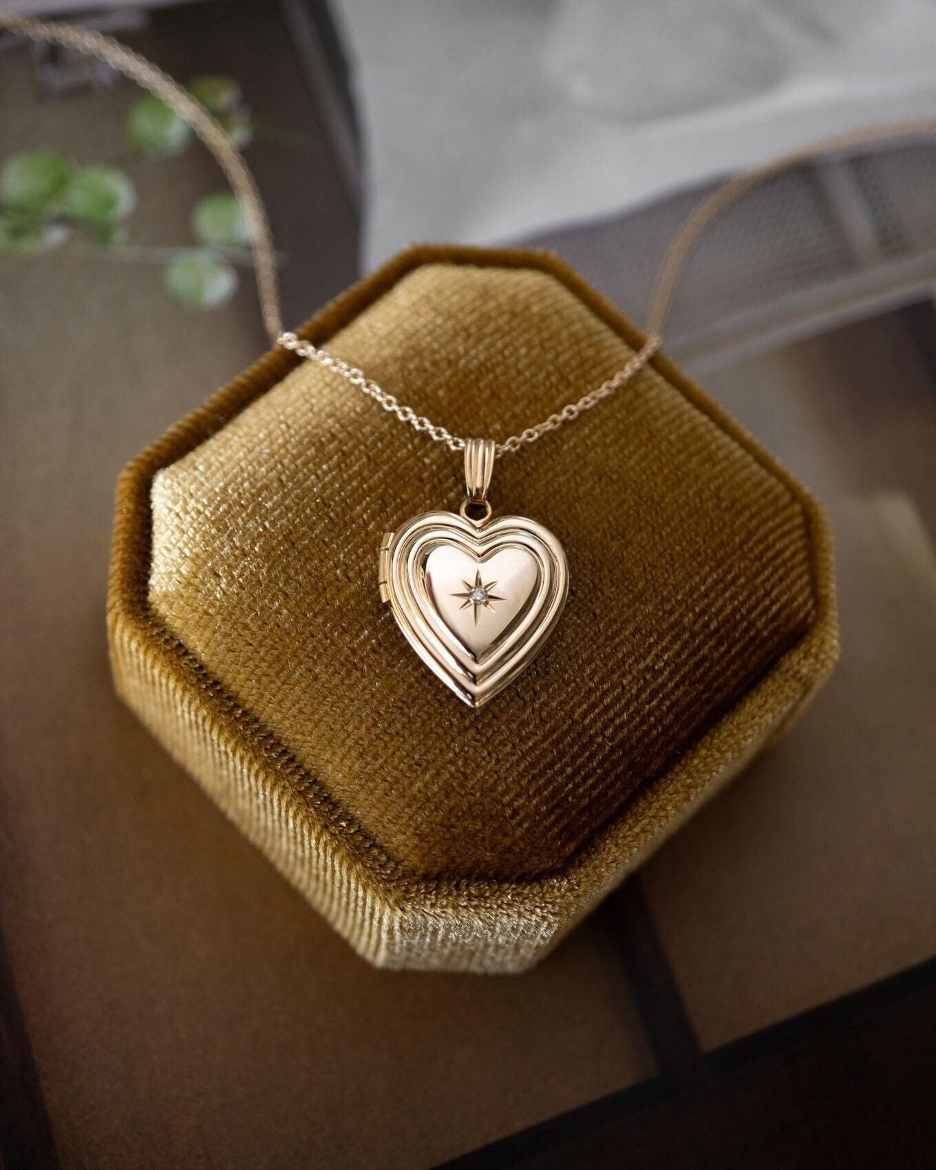 Gold Heart Radiant Diamond Locket, Photo Necklace, Minimalist Personalized Gifts, 14K Solid Yellow