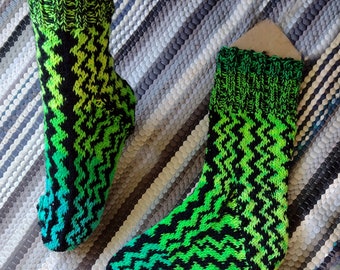 Hand knitted socks black -blue-green-yellow size 40 to 42 hand knit socks