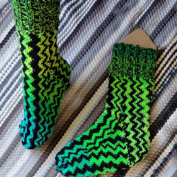 Hand knitted socks black -blue-green-yellow size 40 to 42 hand knit socks