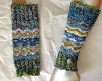 Hand-knitted leg warmers with thumb hole, multicolored, up to 33 cm calf circumference