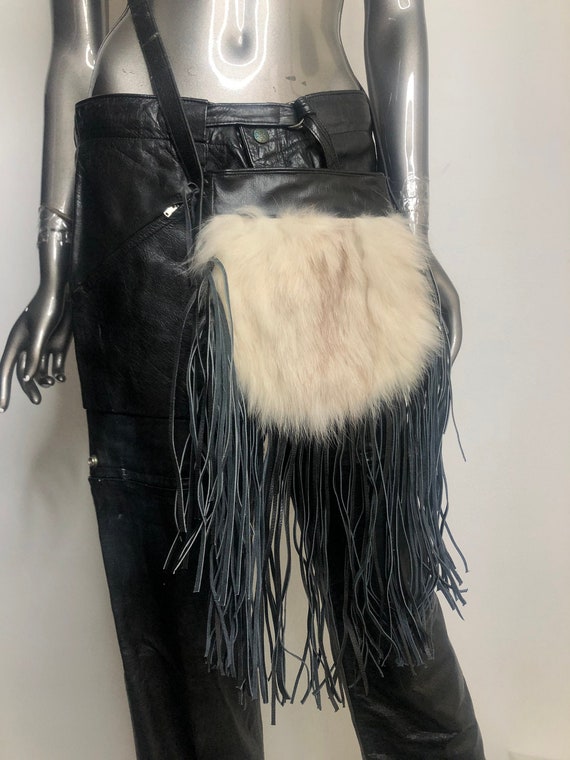 Black with white real leather real fur shoulder ba