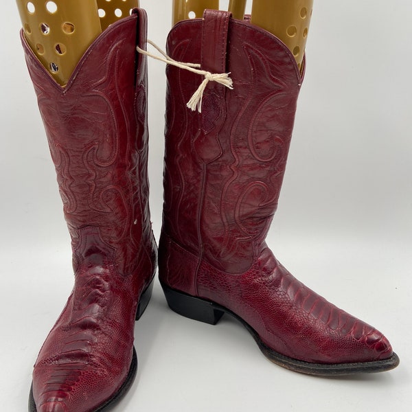 Los Atlos dark red men's boots real ostrich leather vintage embroidered with unique pattern western style cowboy boots has size 9US.