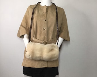 Hellbeiger Damen-Muff aus echtem Nerzfell, festlicher Look, flauschig warm, im Kino-Stil, Vintage-Muff, Retro-Muff, Muff für Partys, Größe M.