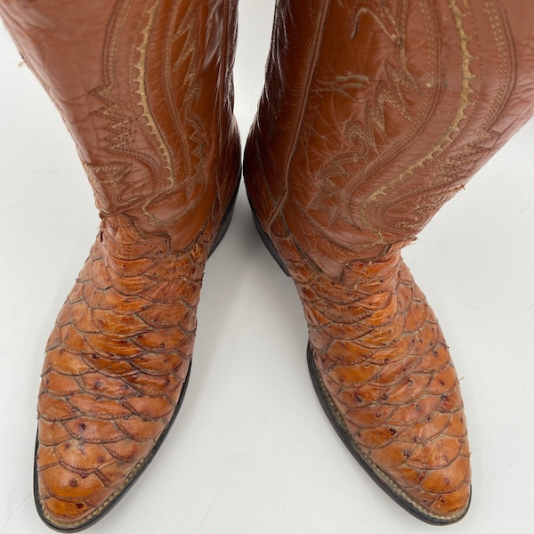 Orange men's boots from real ostrich leather vintage embroidered with unique pattern western style cowboy boots retro boots has size 8US.