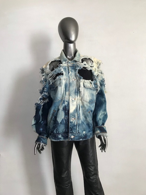 Mens Denim Jacket Style Grung With Decorative Holes Handmade Demi Season Jacket With Pockets Mens Size Medium. Etsy Ireland