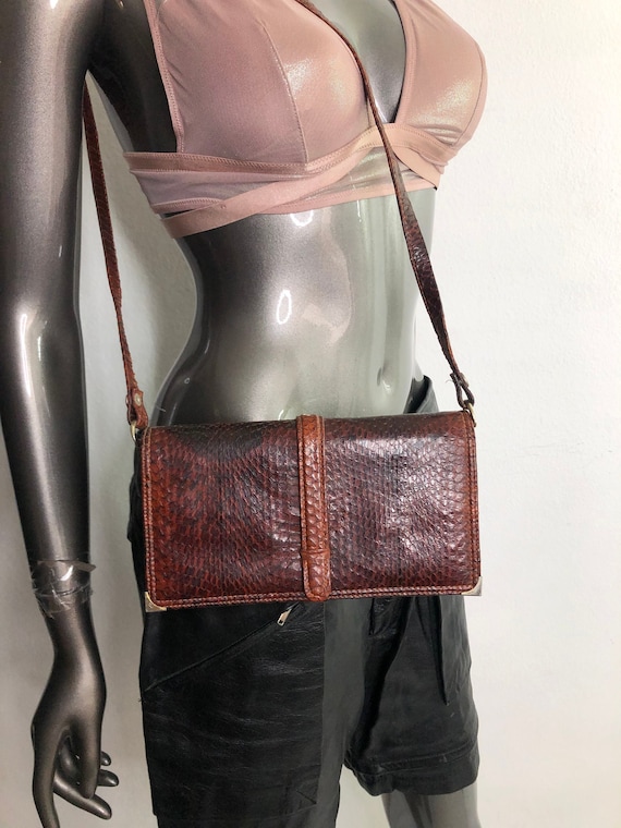 Brown Leather Bag from real snake leather shoulde… - image 1