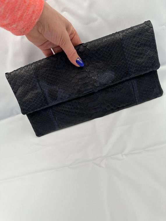 Black blue python skin hand bag , real python lea… - image 5