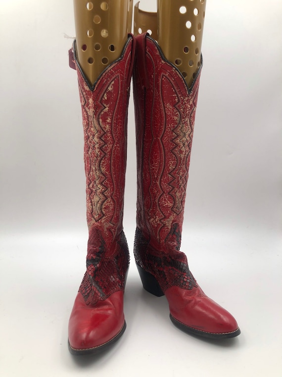 Red boots, women's boots, high length boots, snake