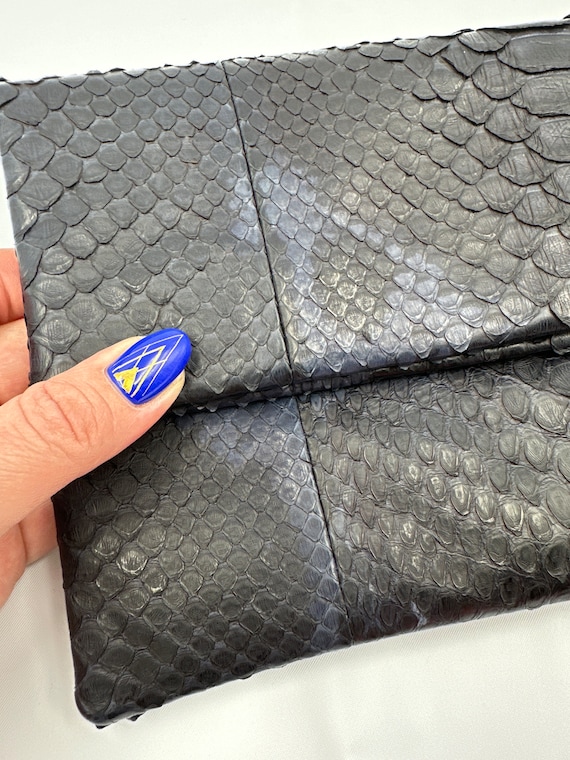 Black blue python skin hand bag , real python lea… - image 10