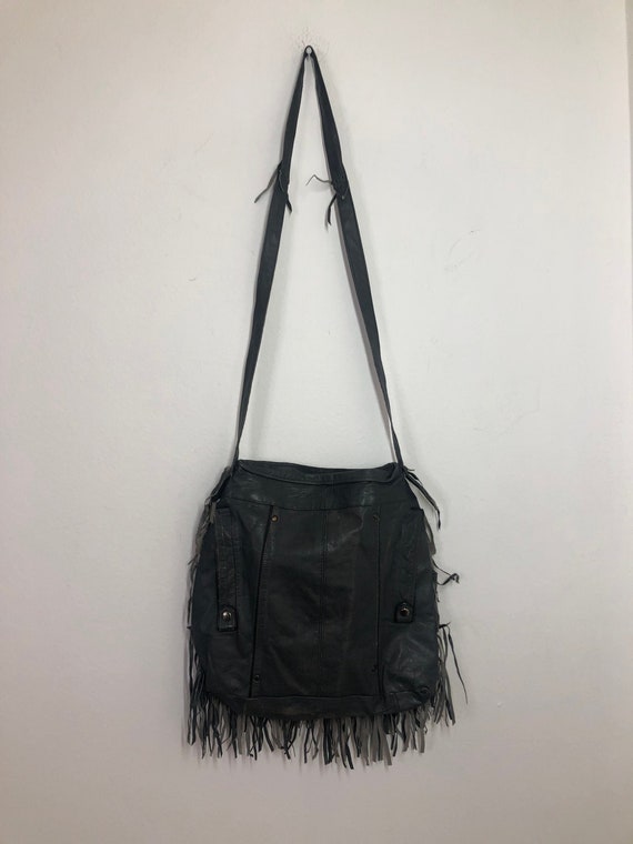 Black real leather shoulder bag with fringe with … - image 3