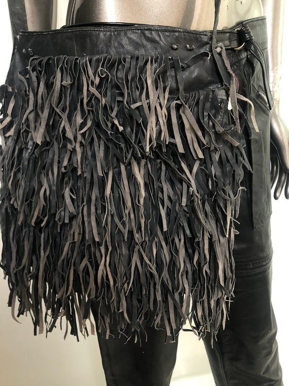 Black real leather shoulder bag with fringe with … - image 2