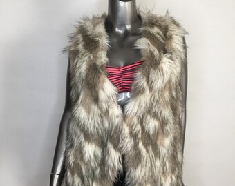 Beige spotted women's vest faux fur vegan fur warm vest long vest vintage vest fashionable vest Burning Man vest Cosplay has size-medium.