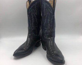 Blue black cow boots, men's boots, real leather vintage, embroidered with unique print, western style cowboy boots man size 12.