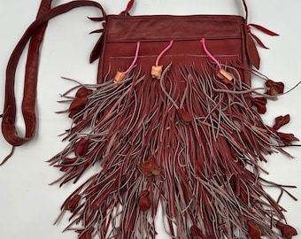 Burgundy handmade crossbody  women's bag, real leather with fashionable leather fringe, bag decorated with corals Small.