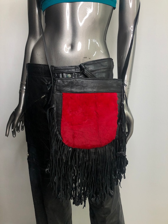 Black and red real leather faux fur shoulder bag … - image 1