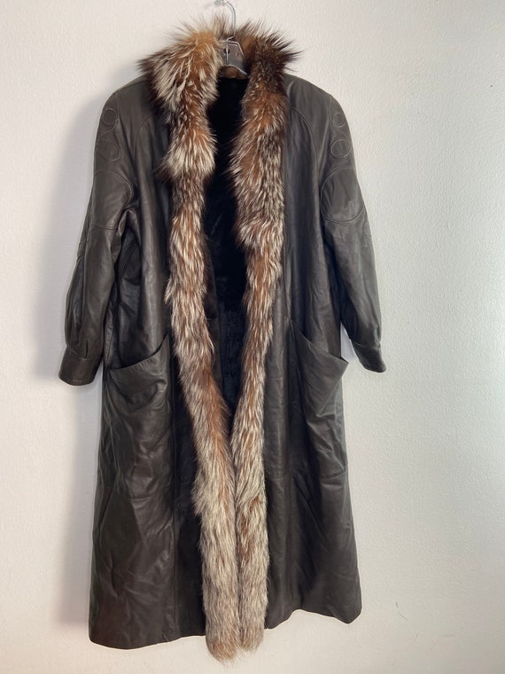 Dark brown men's coat real leather and fur warm c… - image 1