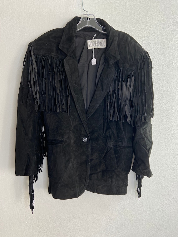 Black men's jacket from real suede with long frin… - image 1