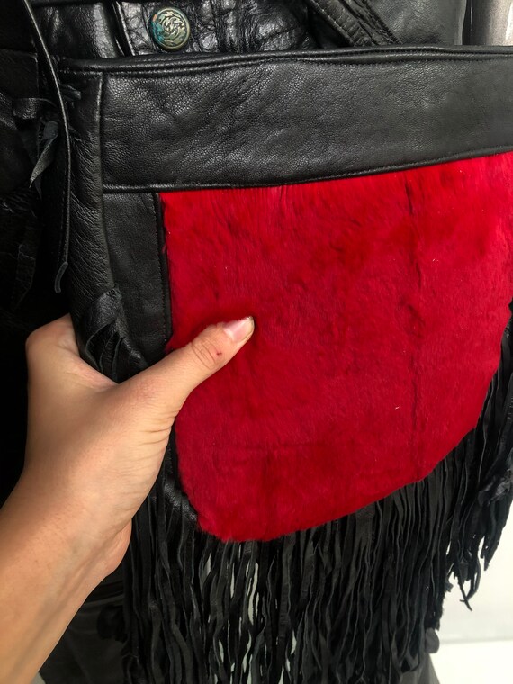 Black and red real leather faux fur shoulder bag … - image 2
