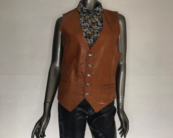 Orange mens vest real leather casual vest classical steep vest original silver buttons vintage vest streetstyle cosplay clothing size-small.