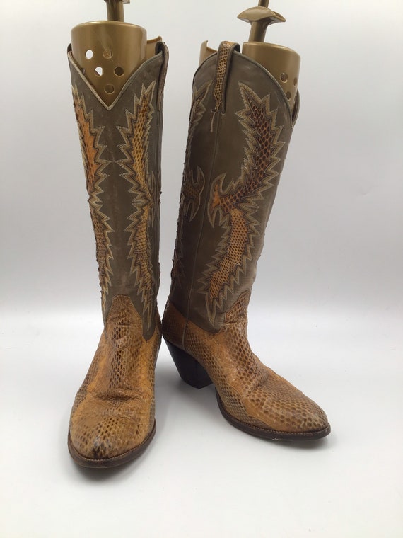 Yellow & brown boots, women's boots, snake leather