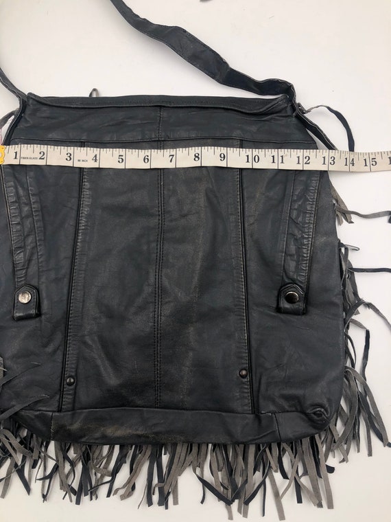 Black real leather shoulder bag with fringe with … - image 6