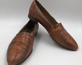 Brown men's shoes real leather vintage shoes with snake print casual shoes costume shoes classical shoes streetstyle cosplay size 10 1/2.