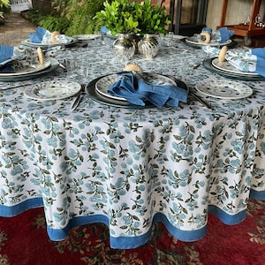 Denim & Baby Blue Indian Hand Block Printed 100% Pure Cotton Tablecloth, Border Design Table Cover, Party Tablecloth, Gift for Wedding