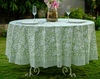 Party Wedding Home Decor Event Farmhouse Table Linen Home, Sage Green Round Tablecloth, Indian Floral Block Printed Cotton Cloth Table cover