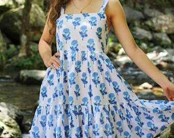 Hand Block Printed Short Dress, BLue Flower Indian Tunics, Hand Printed Dress, Indian Cotton Long Gown, Indian Cotton Dress, Printed Dress