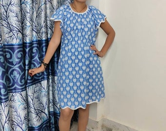 Hand Block Printed Dress, Blue Flower Indian Tunics, Hand Printed Dress, Indian Cotton short dress, Indian Cotton Dress, Printed Dress