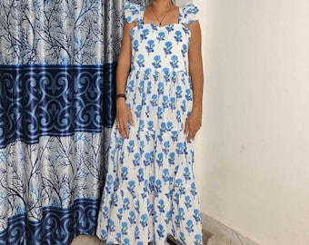 Hand Block Printed Dress, Pink Flower Indian Tunics, Hand Printed Dress, Indian Cotton Long Gown, Indian Cotton Dress, Printed Dress