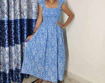 Nap Dress, Cottage core ,Hand Block Printed bridesmaid Dress, Indian Tunics, Hand Printed Dress, Indian Cotton Long Gown,Indian Cotton Dress