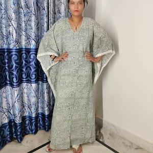 Indigo Blue Anokhi Block Printed Long Caftan Beach Bikini Cover up Indian Cotton Kaftan Gift For Women&#39;s Caftan Polka Dot Print Long Dress