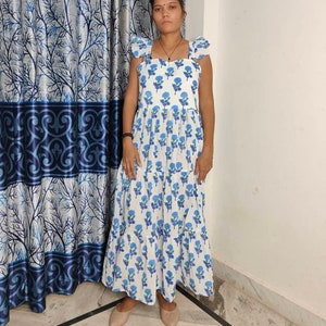 Hand Block Printed Dress, Pink Flower Indian Tunics, Hand Printed Dress, Indian Cotton Long Gown, Indian Cotton Dress, Printed Dress