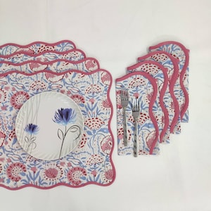 Rectangular wave scallop Mats Table Linens floral Napkins & Cotton Table quilted wave piped Placemats ,Indian Floral Hand Block Printed Set
