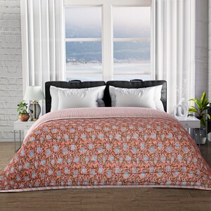 Comforter Quilt Hand Block Printed 100% Pure Cotton Cloth Quilted Throw Blanket Cover for Couch and Bed Lap Bedding Coverlet Oversized Quilt