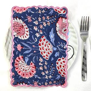 Cocktail Napkins with Trimming lace, Set of 12, Scallop edge Napkin,Hand block printed Sustainable Cloth Napkins