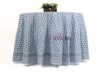 Round Tablecloth- Cotton Indian Block Print Handmade Washable Table Cloth - Spring, Easter Gift Table Cover- Apatite Blue