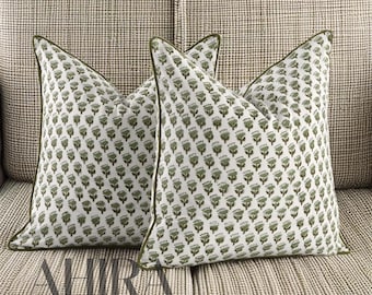 Indischer Handblock gemustert Baumwolle Kissenbezug für Bauernhaus, Preppy, Boho, Wohnkultur, Floral, dekorative Couch Kissen- Smaragdgrün
