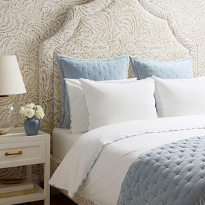 500 Thread Count White Cotton Percale Hotel Stitch Duvet Cover Set in 99 Different Scalloped Piping 1 Duvet Cover and 2 Pillow Sham Cover