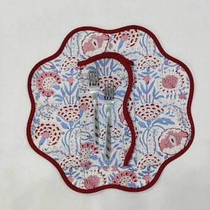 Rundes gewölbtes botanisches Tischset, Blockprint-Stofftischmatte pflegeleicht, maschinenwaschbar rustikales Küchendekor-Essmattenset