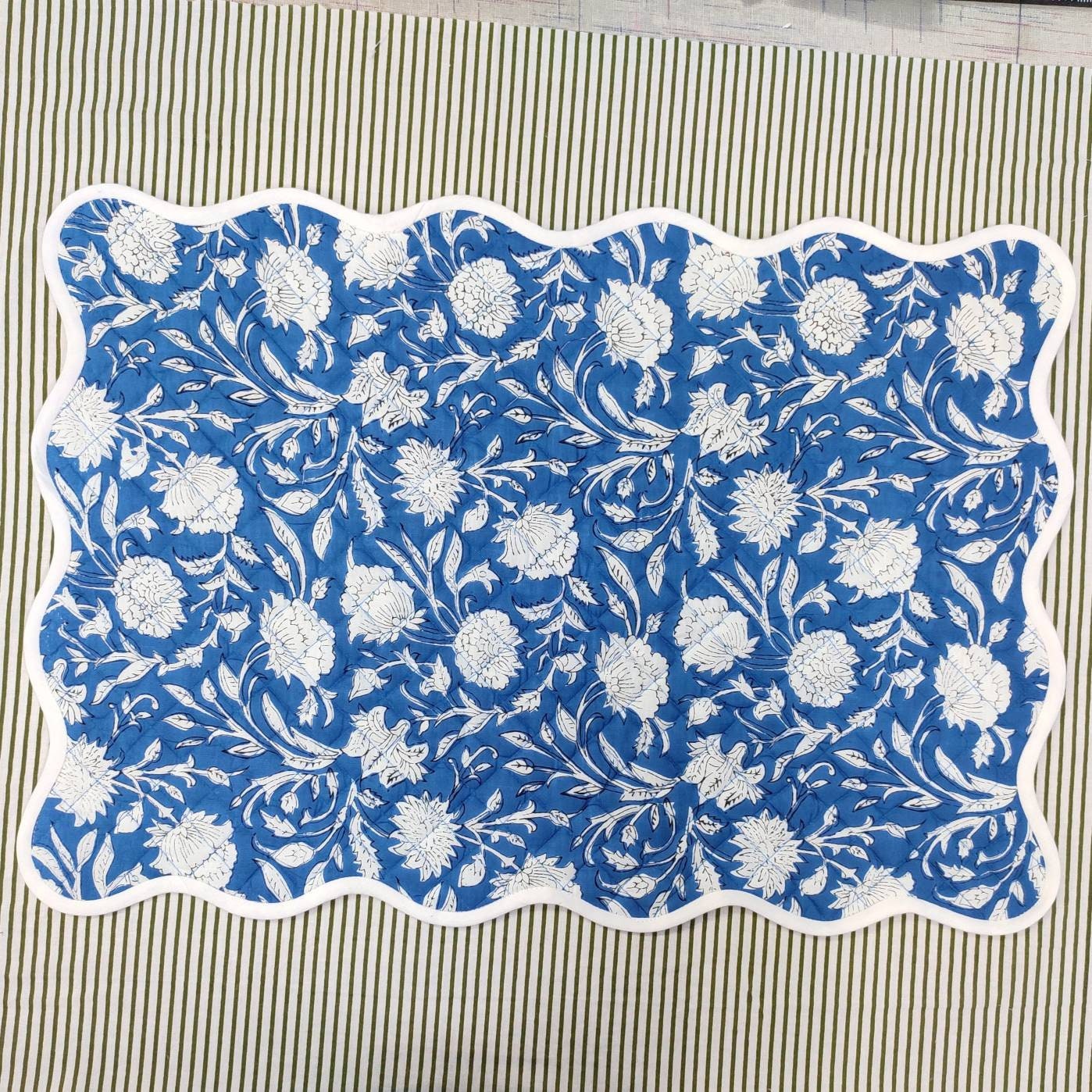 Baby blue linen table mats with scallop edges in white for Etsy