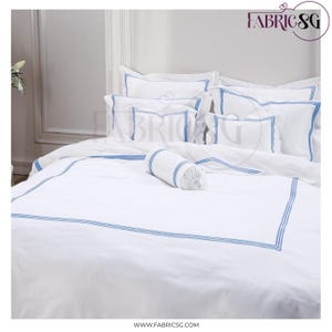 500 TC White Cotton Percale Duvet Cover Set with Triple Embroidery Border, Hotel Stitch Style. 1 Duvet Cover and 2 Pillow Sham