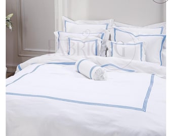 Juego de funda nórdica de percal de algodón blanco de 500 hilos con triple bordado en el borde, estilo pespunte de hotel. Incluye 1 funda nórdica y 2 fundas de almohada.