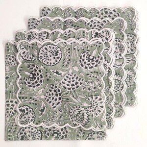 Designer Cotton Napkins with Trimming lace, Set of 4, Scallop edge Napkin,Hand block printed Sustainable Cloth Napkins