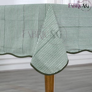 Green Stripes with Scallop Piping, Indian Hand-Block Printed Cotton Tablecloth, Table Cover, Table Top, French Tablecloth for Wedding Home