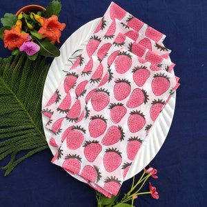 Strawberry Printed cotton Napkins, Set of 4 - indian napkins ,Variety Housewarming Gift for Family, Hand Block, 20 X 20 inches