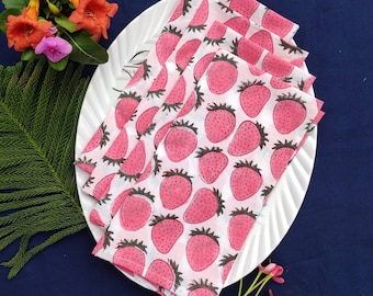 Strawberry Printed cotton Napkins, Set of 4 - indian napkins ,Variety Housewarming Gift for Family, Hand Block, 20 X 20 inches