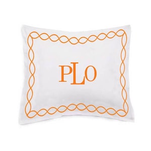 Monogram 400 Thread Count White Cotton Sateen Hotel Stitch Pillow Sham with 2-inch flange Chain Embroidery Border (Set of 1)